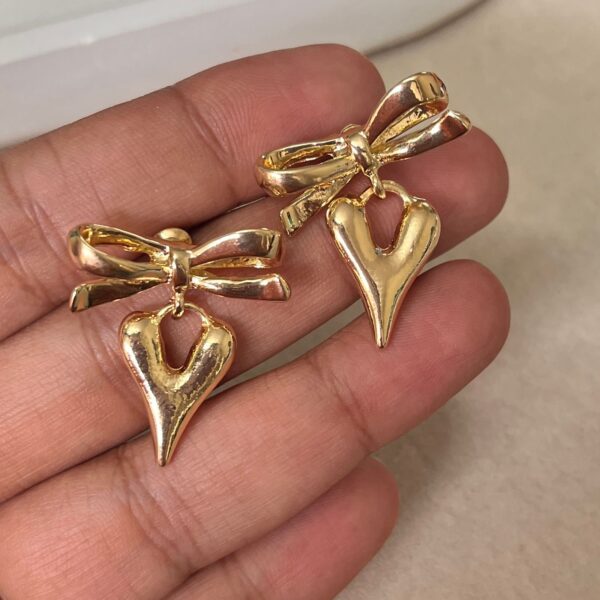 Rough and Tough Bow Heart Earrings - (18K Gold Plated) - Image 3