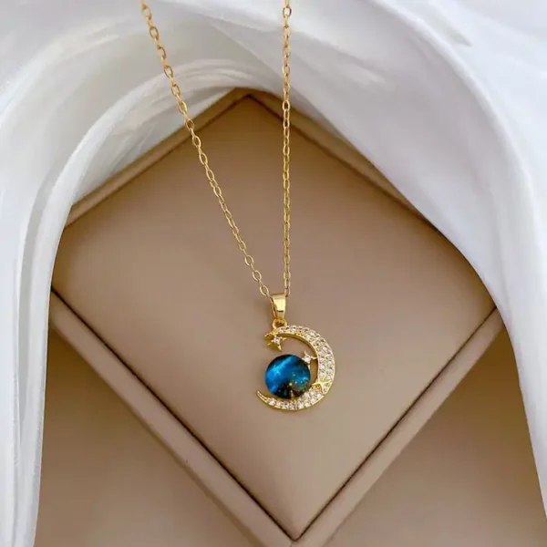 18K Gold Plated Dainty Stainless Steel Star Moon Link Chain Necklace Blue Cubic Zircon Moon Star Pendant Necklace For Girl