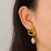 18k gold plated on 316L stainless steel Pearlfect Square Drop Pearl Earrings - Image 4