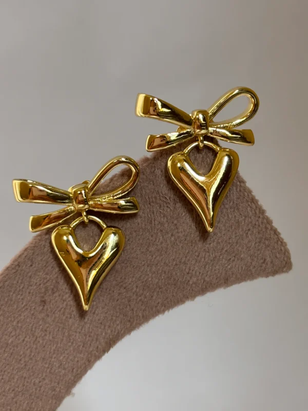 Rough and Tough Bow Heart Earrings - (18K Gold Plated)
