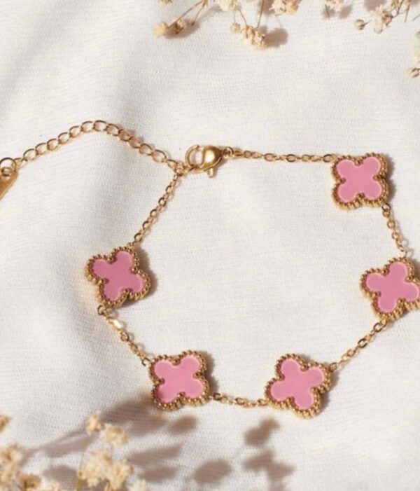 Lucky Clover Pink 18k gold plated on stainless steel Anti tarnish Chain bracelet - Image 3