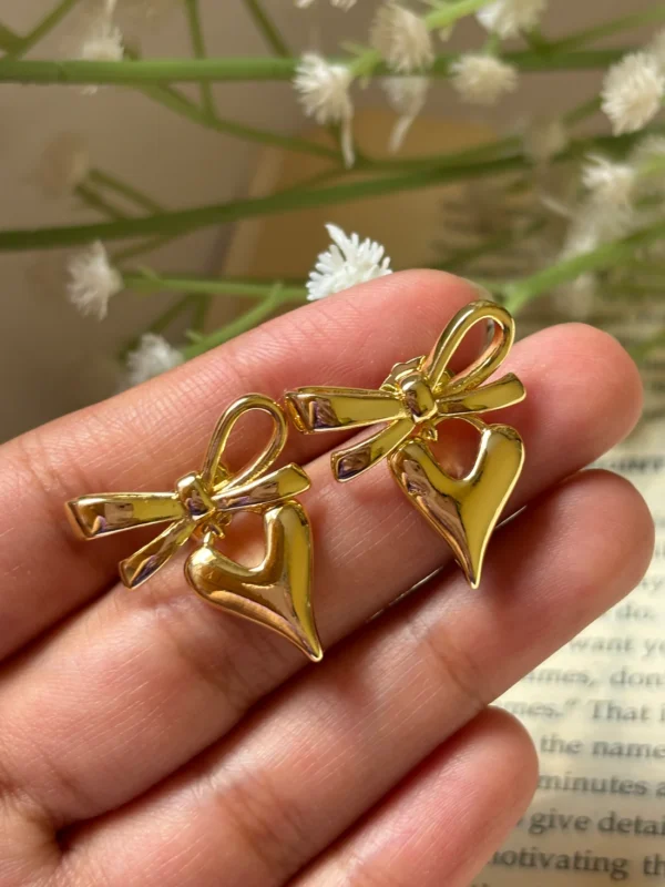 Rough and Tough Bow Heart Earrings - (18K Gold Plated) - Image 2