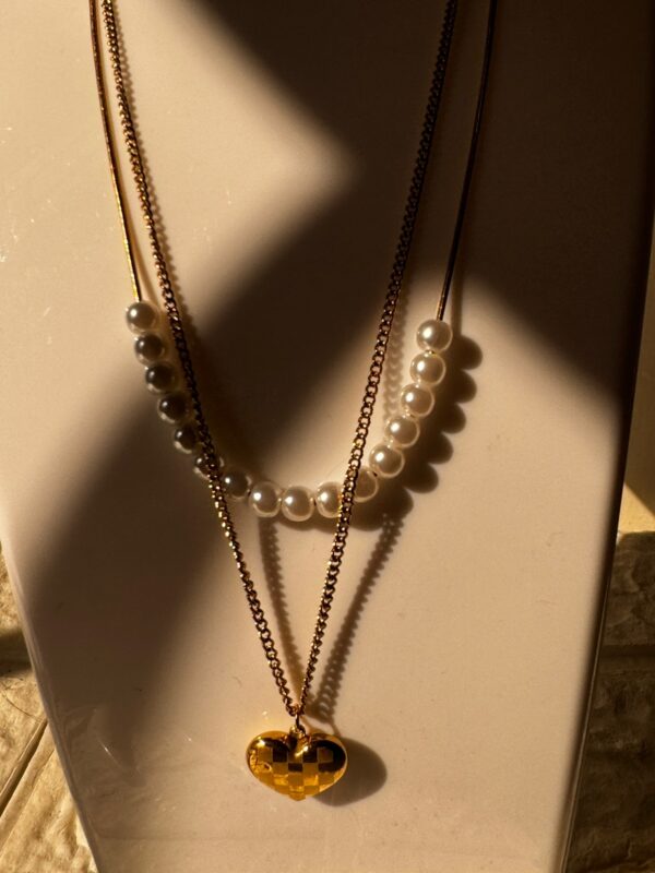 Checked heart pendant 18k Antitarnish Multilayer 316L stainless steel necklace waterproof - Image 3