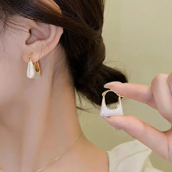Gold Plated U Shaped White Enamel Handbag Dangle Earrings - Image 2