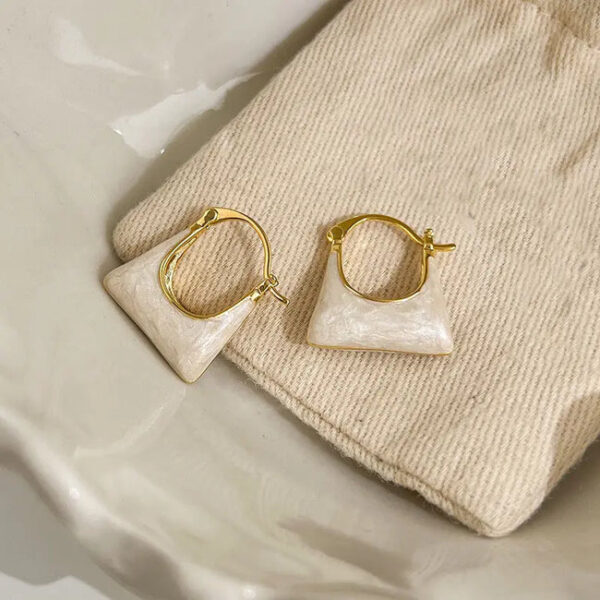 Gold Plated U Shaped White Enamel Handbag Dangle Earrings - Image 3