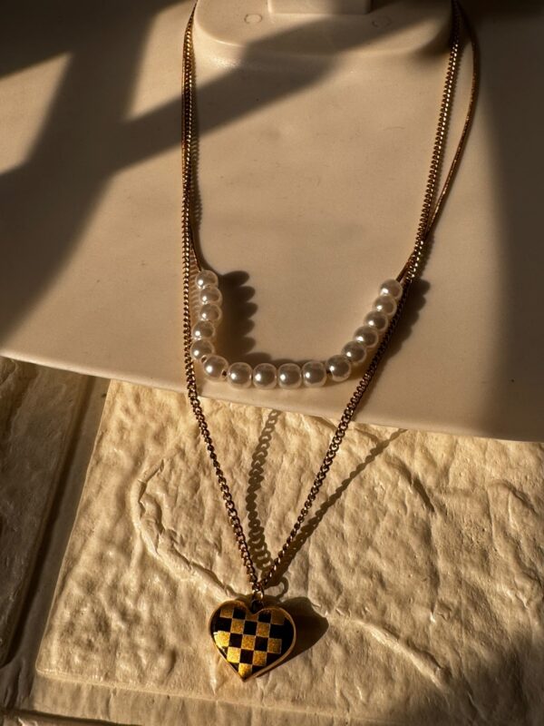 Checked heart pendant 18k Antitarnish Multilayer 316L stainless steel necklace waterproof - Image 4