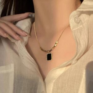 16square beads black pendant 18K Gold Plated Necklace