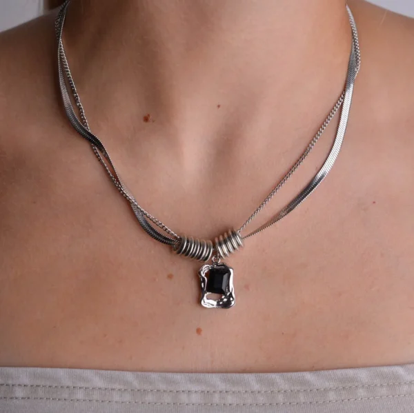 Hiphop Black stone 2 layer unisex necklace - Image 5