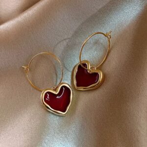 Wine red heart hoops Korean fashion
