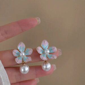 Pink and Blue mixed Korean fashion flower earring