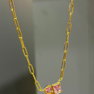 18k gold plated on Stainless Steel Anti Tarnish Pink stone necklace
