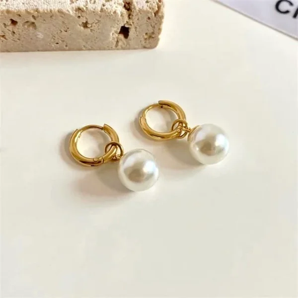 18k Gold plated Pearl drop Hoops stainless steel Antitarnish - Image 2