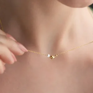 Dolphin pendant with pearl charm 18K gold plated on Stainless Steel Anti Tarnish necklace