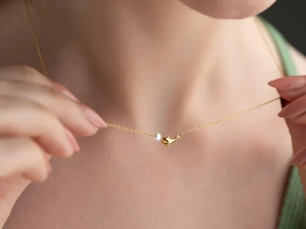 Dolphin pendant with pearl charm 18K gold plated on Stainless Steel Anti Tarnish necklace