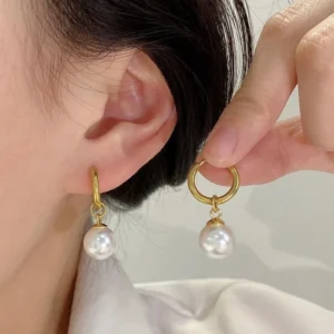 18k Gold plated Pearl drop Hoops stainless steel Antitarnish
