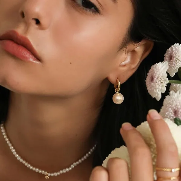 18k Gold plated Pearl drop Hoops stainless steel Antitarnish - Image 5
