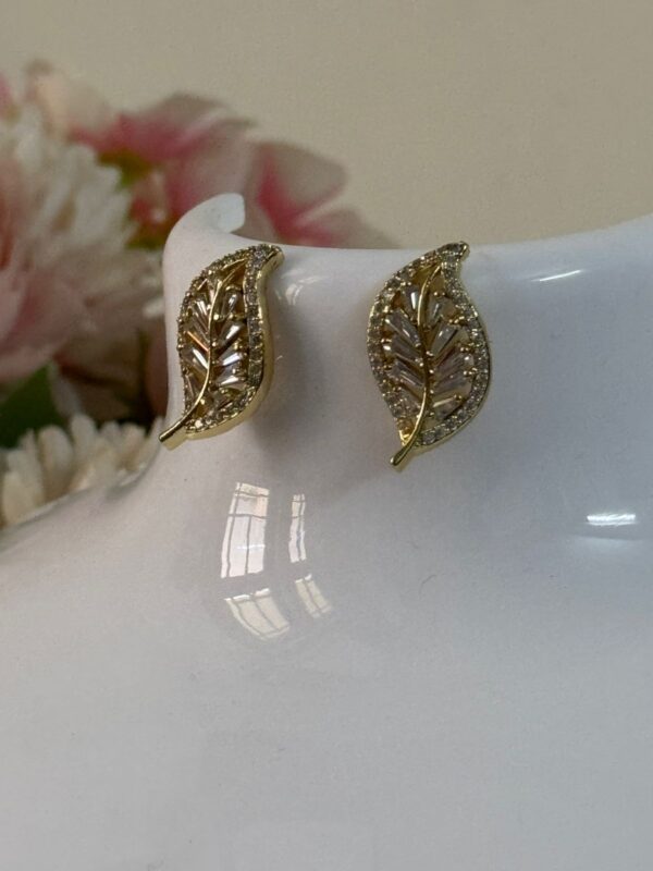 Antitarnish AD Stone leaf 14k Gold plated on stainless steel stud - Image 2