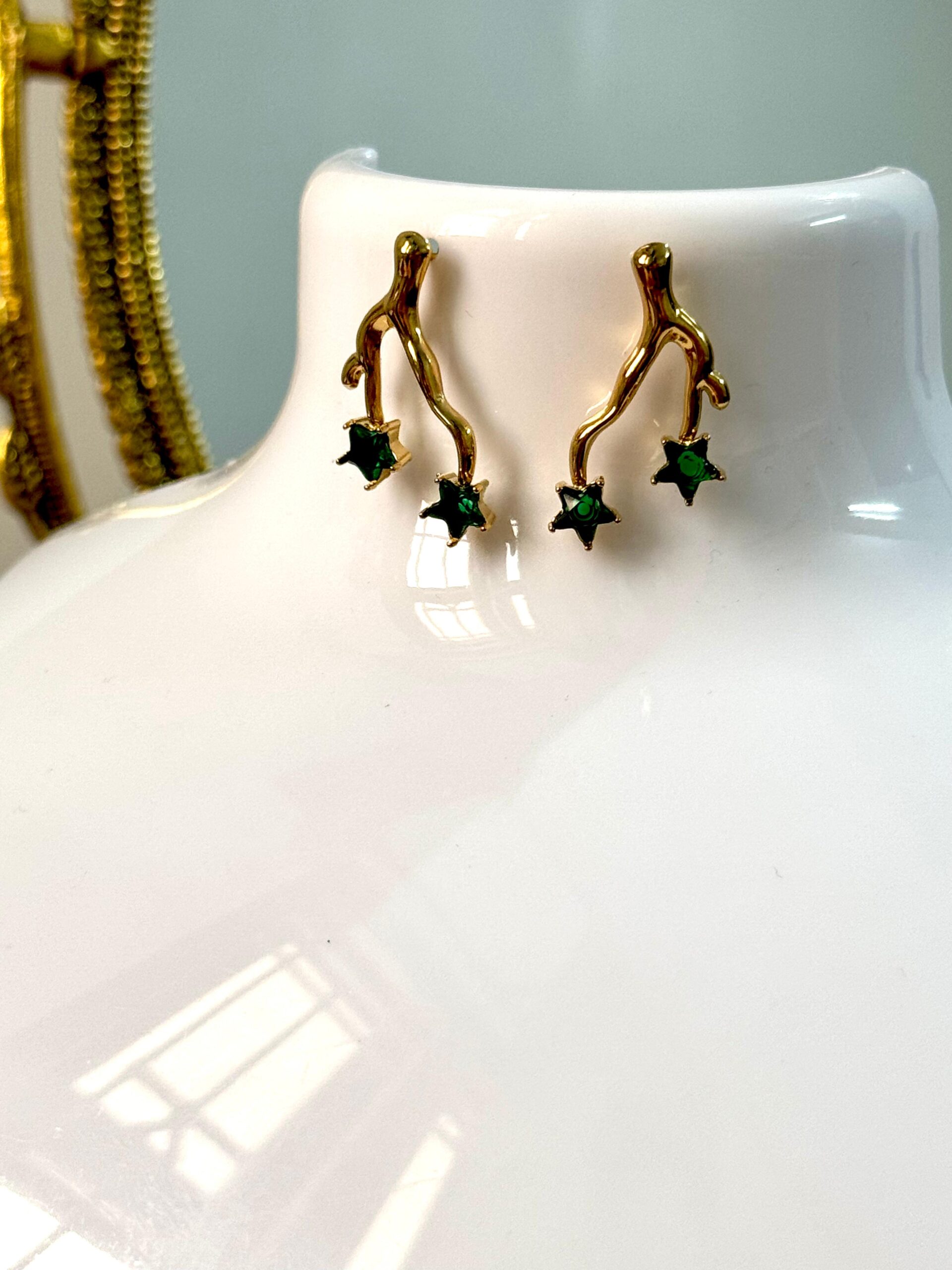 Green stone Antitarnish 18k Gold plated on stainless steel Branch stud - Image 2