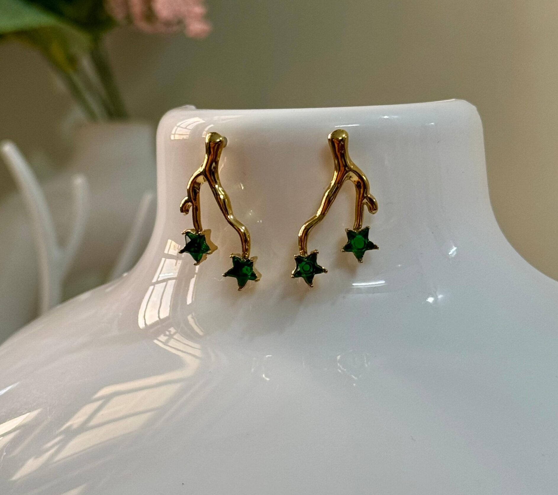 Green stone Antitarnish 18k Gold plated on stainless steel Branch stud - Image 6