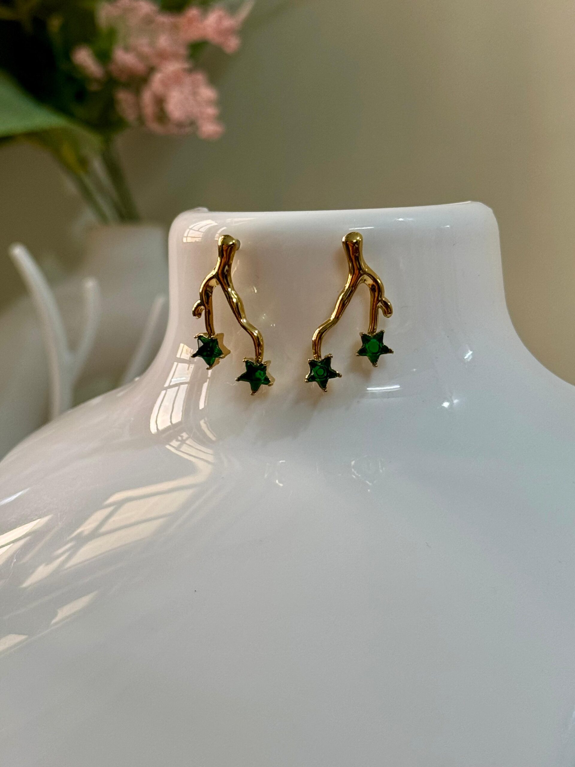 Green stone Antitarnish 18k Gold plated on stainless steel Branch stud - Image 3