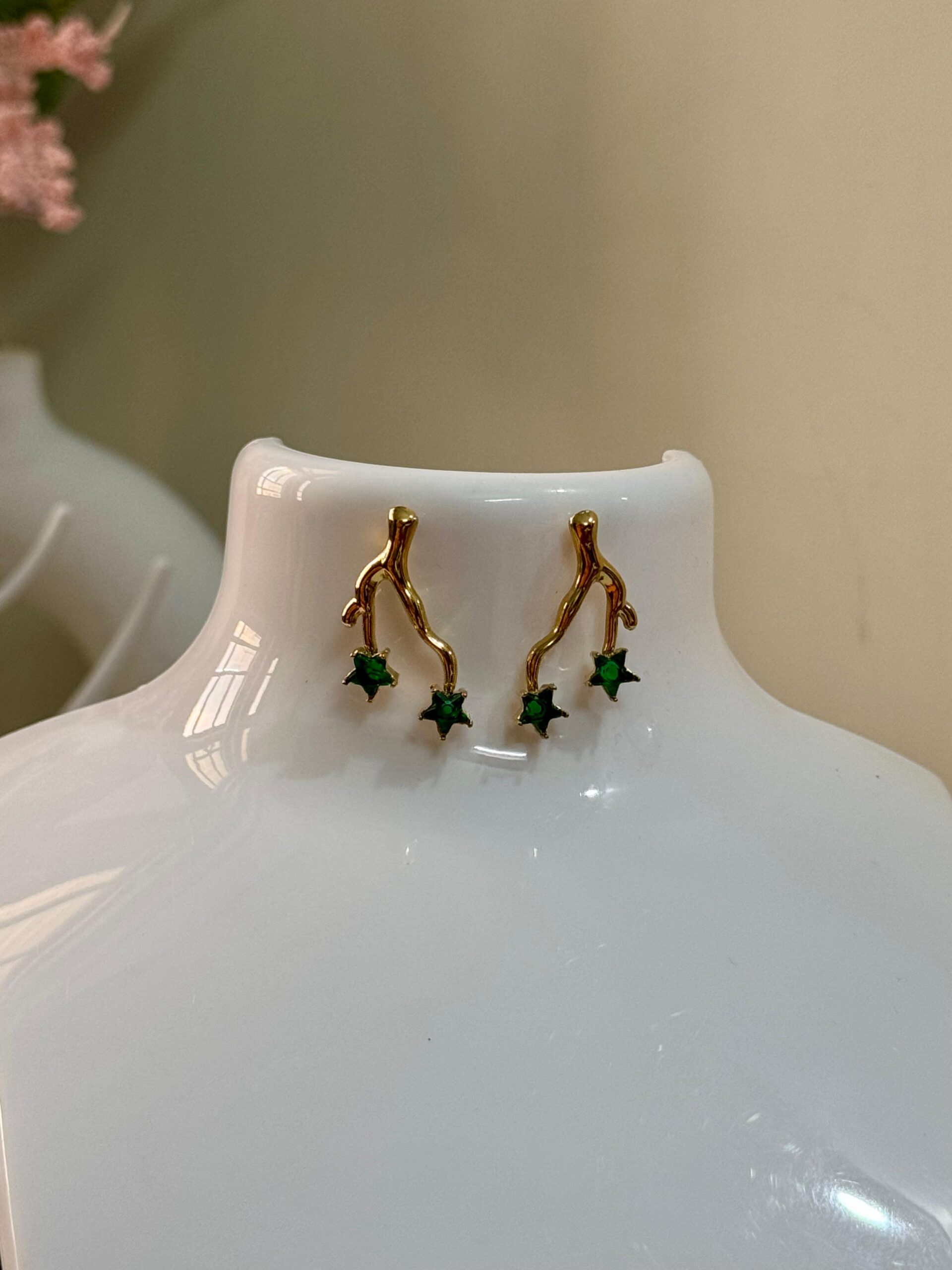 Green stone Antitarnish 18k Gold plated on stainless steel Branch stud - Image 5