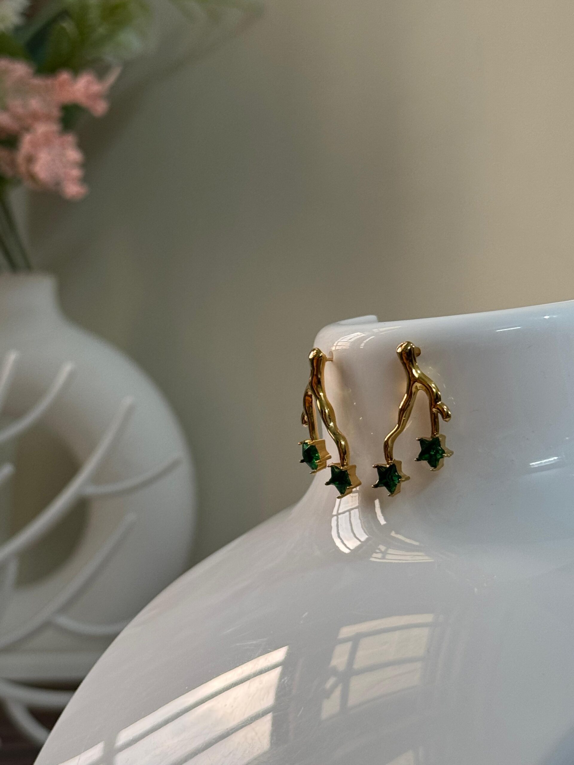 Green stone Antitarnish 18k Gold plated on stainless steel Branch stud - Image 4