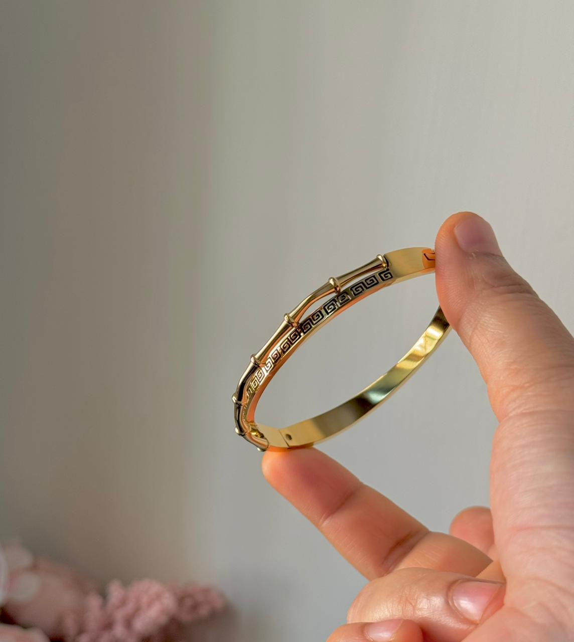 Greek key with Bamboo style 18k gold plated on Stainless Steel anti tarnish bracelet - Image 2