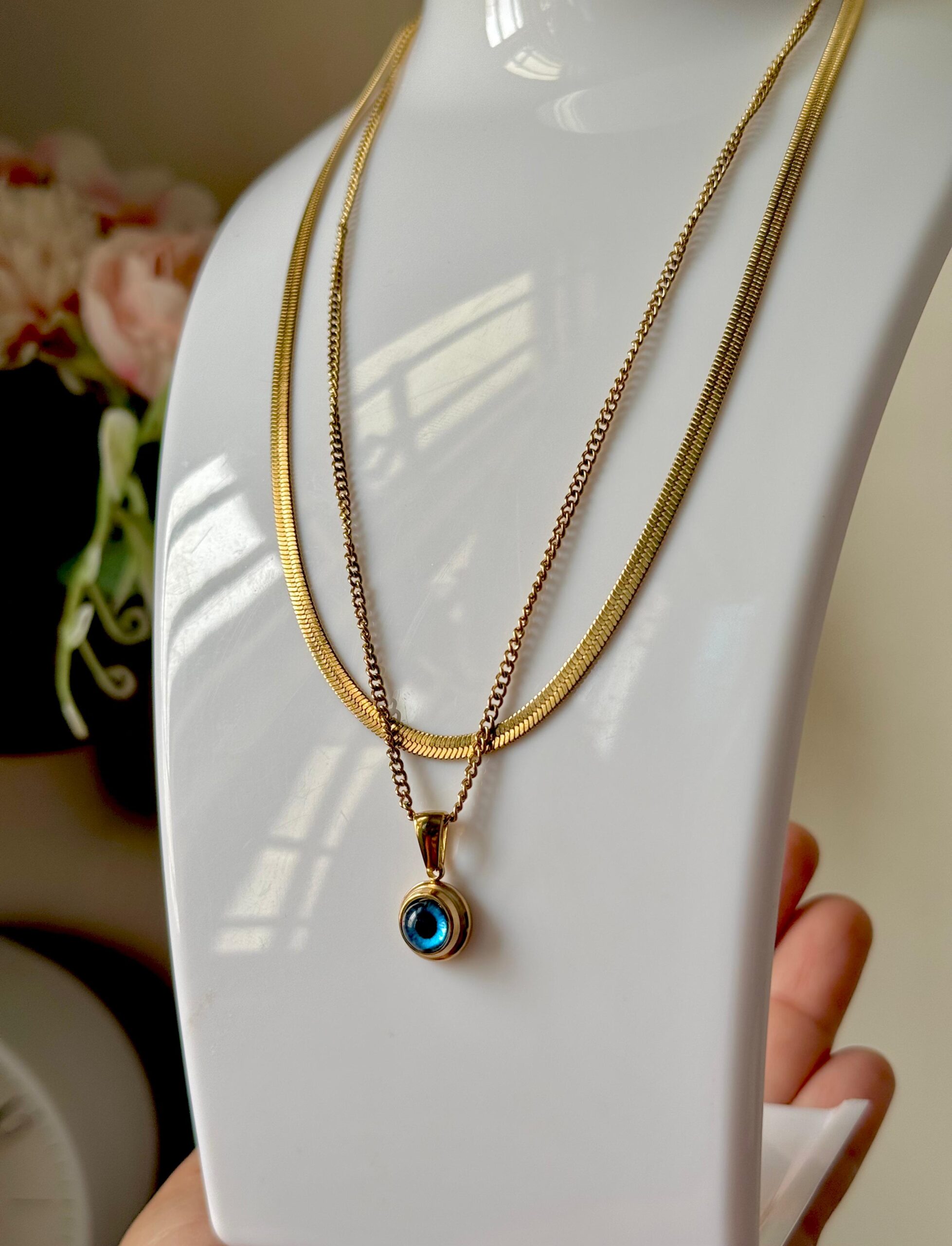 Evil eye two layer 18k gold plated on Stainless Steel Anti Tarnish necklace