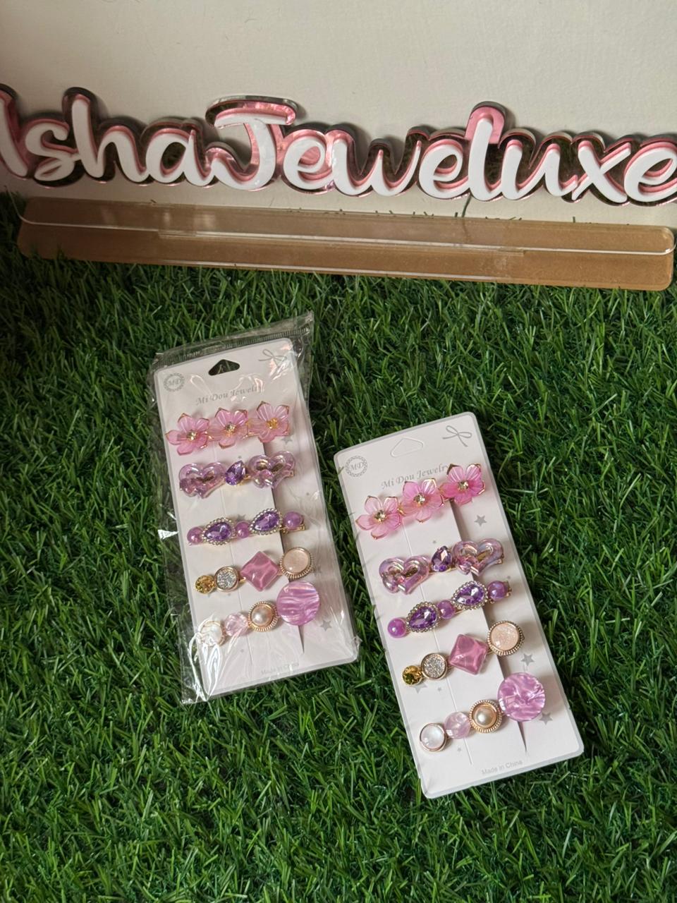 Korean Hair clip set clips Pink & Purple - Image 3