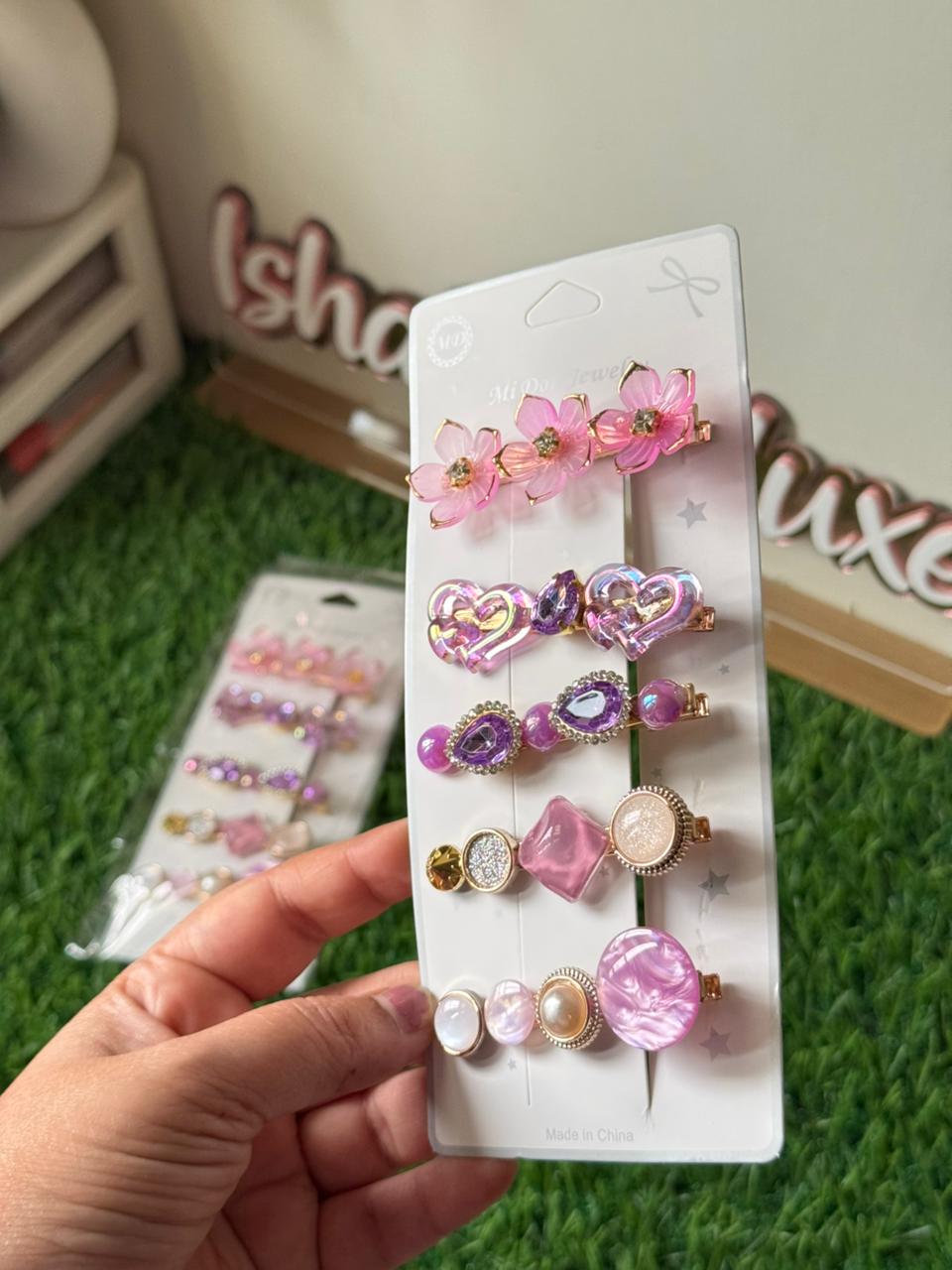 Korean Hair clip set clips Pink & Purple - Image 2