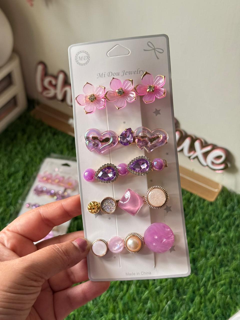 Korean Hair clip set clips Pink & Purple