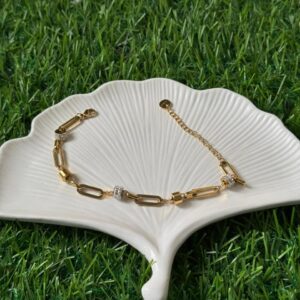 18k gold plated on stainless steel PaperClip link with cubic chain bracelet