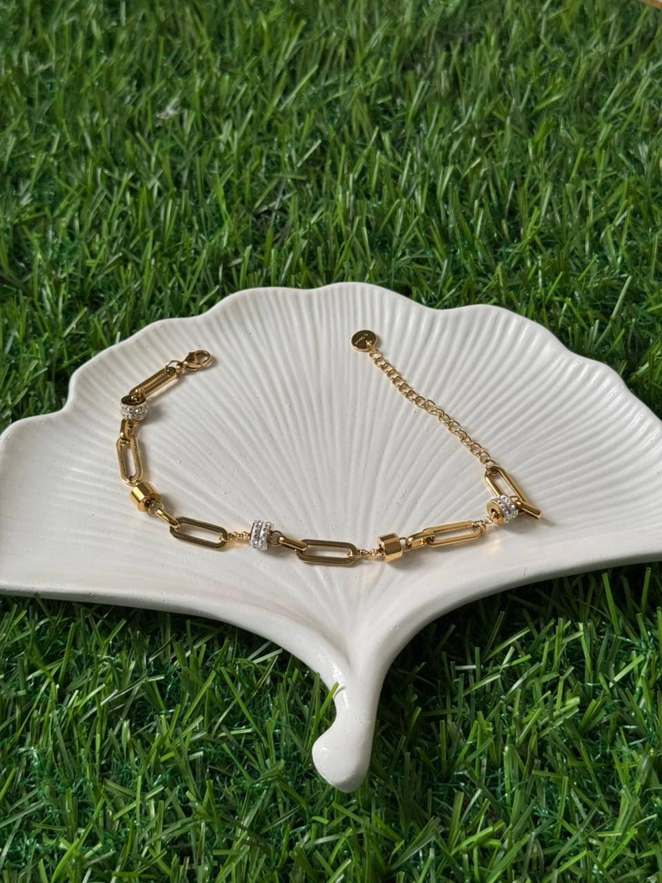 18k gold plated on stainless steel PaperClip link with cubic chain bracelet