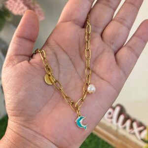 18k gold plated on stainless steel Pearl & Dolphin charm chain bracelet