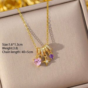 Pink heart purple oval charms 18k gold plated on Stainless Steel Anti Tarnish necklace