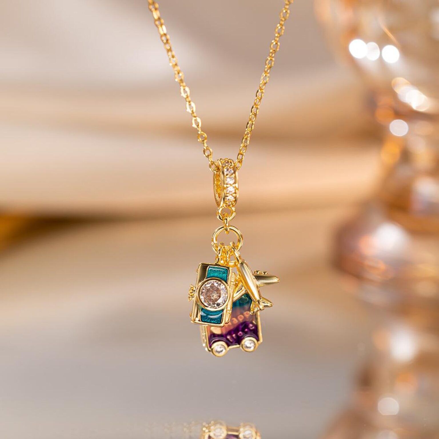 3 charms Travel wanders inspired 18k gold plated on Stainless Steel Anti Tarnish necklace