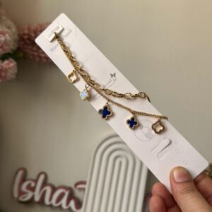 Royal Blue clover 18k gold plated on stainless steel 2 layer chain bracelet