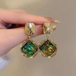 Peacock green high shine geometric Korean earrings