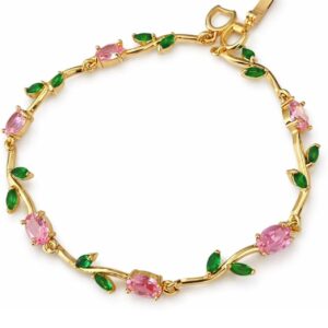 TULIP Pink green Antitarnish 18K Gold plated on stainless steel chain bracelet