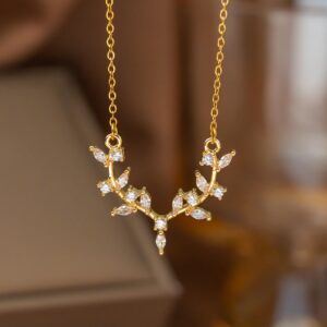 Deer Horns white stoned 18k gold plated Stainless Steel Anti Tarnish necklace