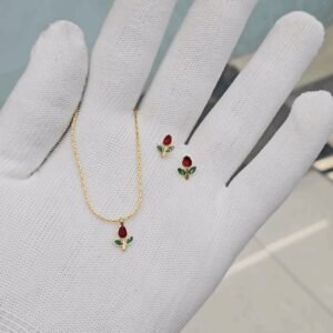 Combo Set of red tulip earrings + Necklace 18K gold plated on Stainless Steel Anti Tarnish
