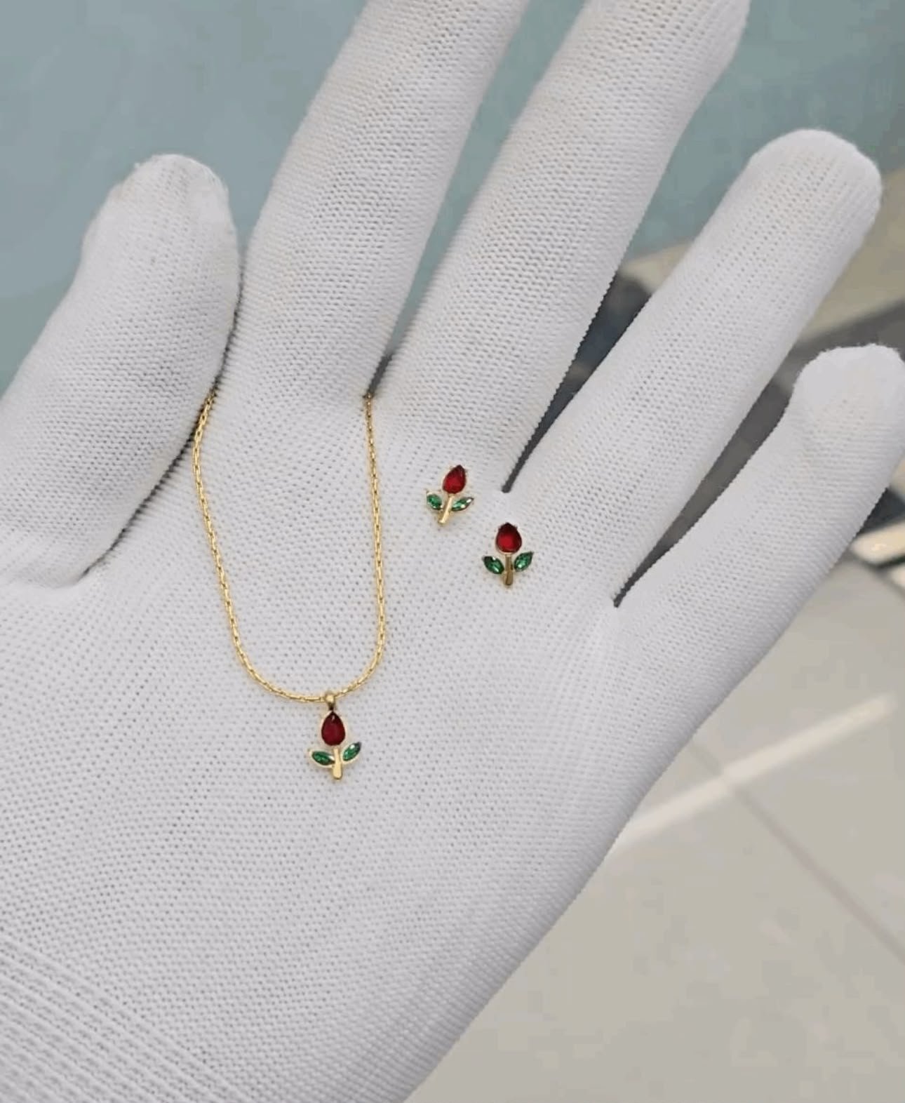 Combo Set of red tulip earrings + Necklace 18K gold plated on Stainless Steel Anti Tarnish